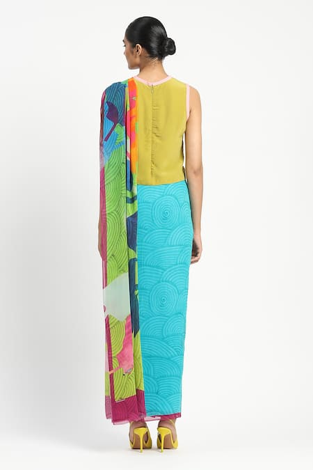 Shop_Satya Paul_Blue Silk, Georgette New Day Printed Saree With Unstitched Blouse Piece _at_Aza_Fashions