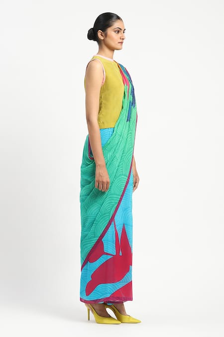 Satya Paul_Blue Silk, Georgette New Day Printed Saree With Unstitched Blouse Piece _Online_at_Aza_Fashions