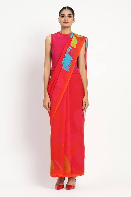 Satya Paul_Pink Silk, Chiffon Regina Printed Saree With Unstitched Blouse Piece _Online_at_Aza_Fashions