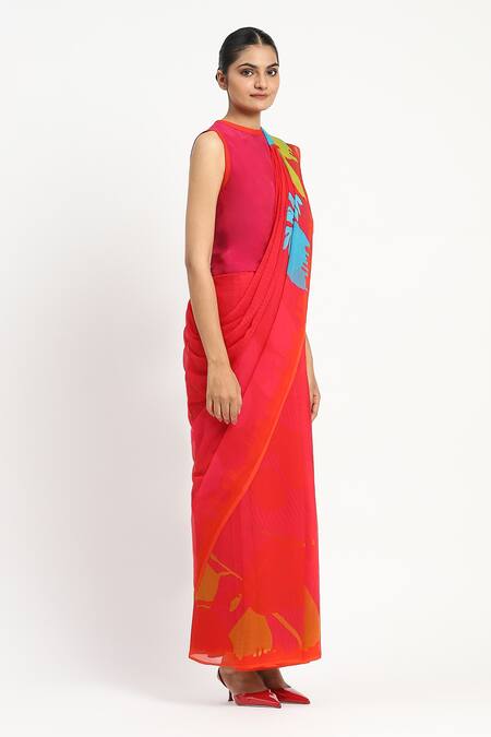Buy_Satya Paul_Pink Silk, Chiffon Regina Printed Saree With Unstitched Blouse Piece _Online_at_Aza_Fashions