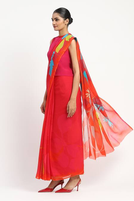 Shop_Satya Paul_Pink Silk, Chiffon Regina Printed Saree With Unstitched Blouse Piece _Online_at_Aza_Fashions
