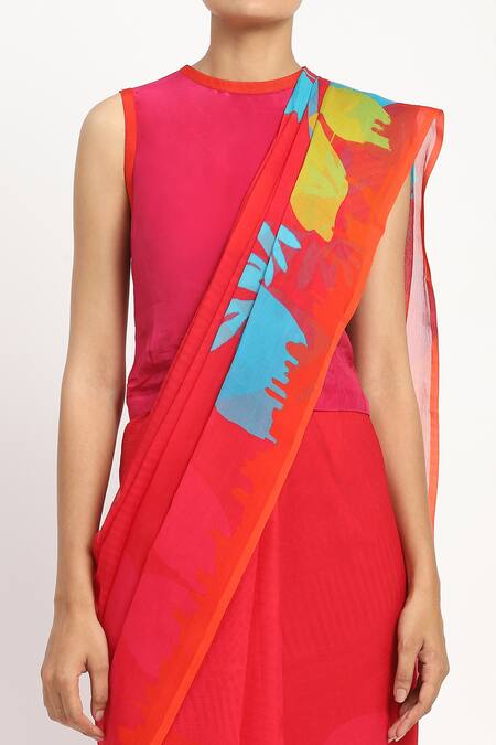 Satya Paul_Pink Silk, Chiffon Regina Printed Saree With Unstitched Blouse Piece _at_Aza_Fashions