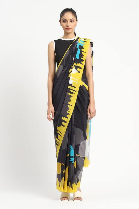 Satya Paul_Black Silk, Crepe Electric City Printed Saree With Unstitched Blouse Piece _Online_at_Aza_Fashions