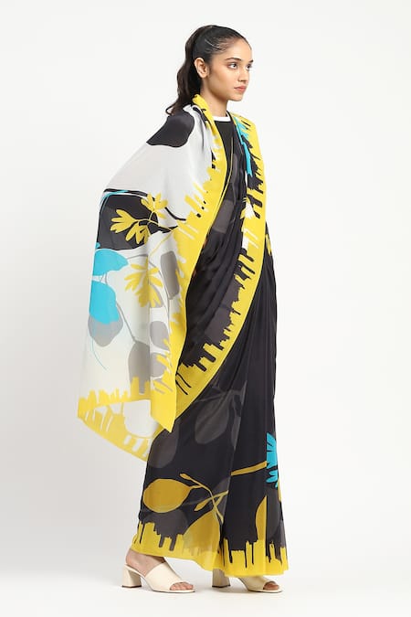 Buy_Satya Paul_Black Silk, Crepe Electric City Printed Saree With Unstitched Blouse Piece _Online_at_Aza_Fashions