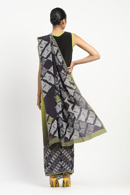 Shop Satya Paul Black Silk, Crepe Still Seeking Printed Saree With Unstitched Blouse Piece at Aza Fashions Shop_Satya Paul_Black Silk, Crepe Still Seeking Printed Saree With Unstitched Blouse Piece _at_Aza_Fashions