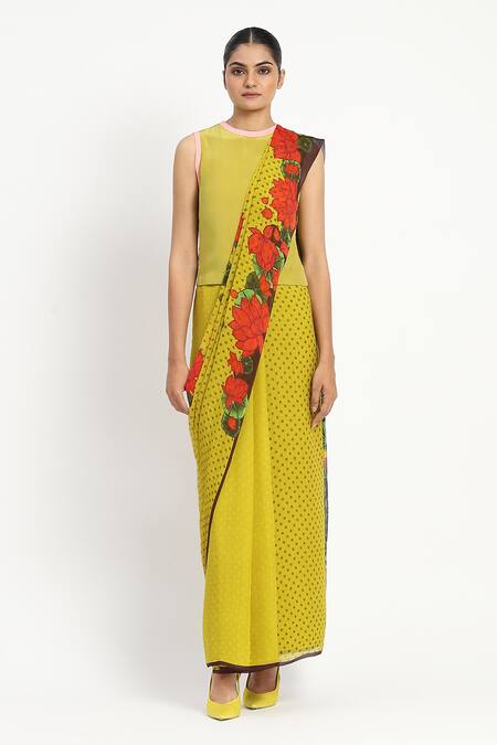 Satya Paul Green Silk, Chiffon Polka Dot Print Saree With Unstitched Blouse Piece Online at Aza Fashions Satya Paul_Green Silk, Chiffon Polka Dot Print Saree With Unstitched Blouse Piece _Online_at_Aza_Fashions