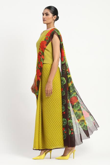 Buy Satya Paul Green Silk, Chiffon Polka Dot Print Saree With Unstitched Blouse Piece Online at Aza Fashions Buy_Satya Paul_Green Silk, Chiffon Polka Dot Print Saree With Unstitched Blouse Piece _Online_at_Aza_Fashions