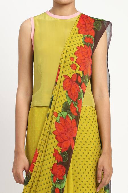 Shop Satya Paul Green Silk, Chiffon Polka Dot Print Saree With Unstitched Blouse Piece Online at Aza Fashions Shop_Satya Paul_Green Silk, Chiffon Polka Dot Print Saree With Unstitched Blouse Piece _Online_at_Aza_Fashions