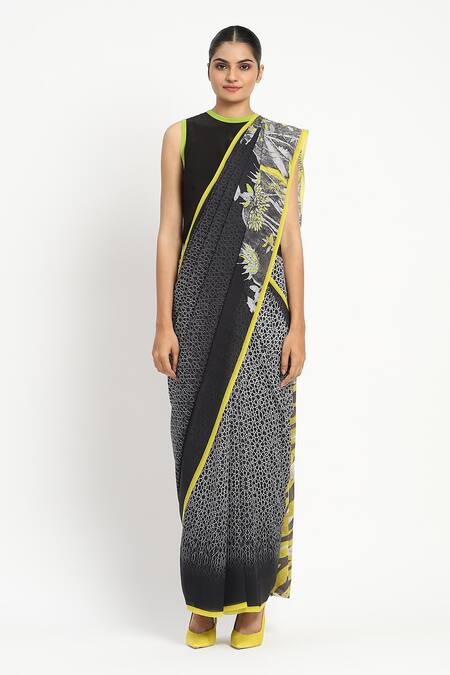 Satya Paul Black Silk, Georgette Echo Printed Saree With Unstitched Blouse Piece Online at Aza Fashions Satya Paul_Black Silk, Georgette Echo Printed Saree With Unstitched Blouse Piece _Online_at_Aza_Fashions