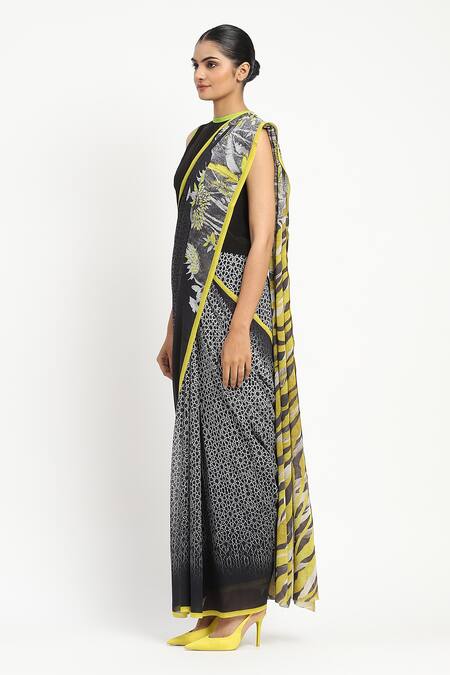 Buy Satya Paul Black Silk, Georgette Echo Printed Saree With Unstitched Blouse Piece Online at Aza Fashions Buy_Satya Paul_Black Silk, Georgette Echo Printed Saree With Unstitched Blouse Piece _Online_at_Aza_Fashions