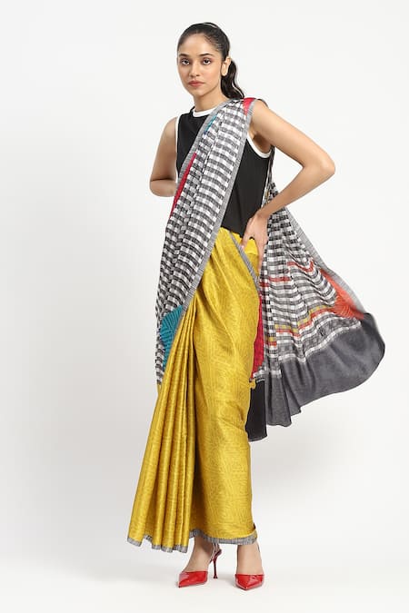 Satya Paul Blocked Printed Saree With Unstitched Blouse Piece 