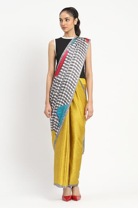 Satya Paul Yellow Silk, Georgette, Satin Blocked Printed Saree With Unstitched Blouse Piece Online at Aza Fashions Satya Paul_Yellow Silk, Georgette, Satin Blocked Printed Saree With Unstitched Blouse Piece _Online_at_Aza_Fashions