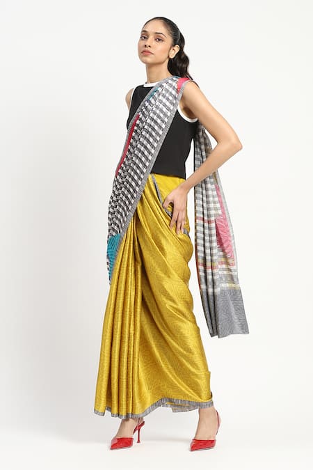 Buy Satya Paul Yellow Silk, Georgette, Satin Blocked Printed Saree With Unstitched Blouse Piece Online at Aza Fashions Buy_Satya Paul_Yellow Silk, Georgette, Satin Blocked Printed Saree With Unstitched Blouse Piece _Online_at_Aza_Fashions