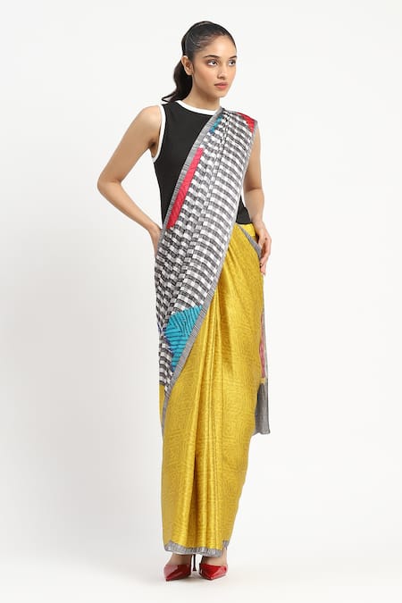 Shop Satya Paul Yellow Silk, Georgette, Satin Blocked Printed Saree With Unstitched Blouse Piece Online at Aza Fashions Shop_Satya Paul_Yellow Silk, Georgette, Satin Blocked Printed Saree With Unstitched Blouse Piece _Online_at_Aza_Fashions