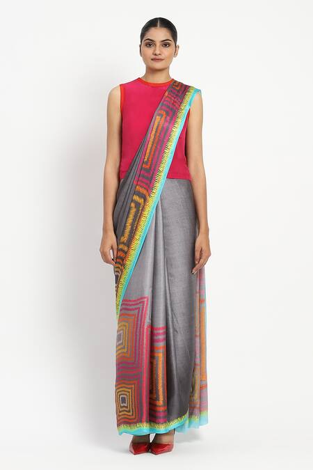 Satya Paul_Grey Silk, Georgette, Stun Two Three Printed Saree With Unstitched Blouse Piece _Online_at_Aza_Fashions