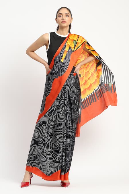 Satya Paul Radial Heat Printed Saree With Unstitched Blouse Piece