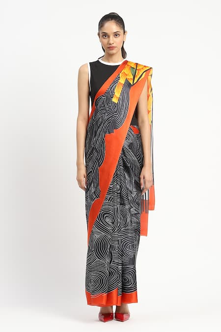 Satya Paul Black Silk, Georgette, Radial Heat Printed Saree With Unstitched Blouse Piece Online at Aza Fashions Satya Paul_Black Silk, Georgette, Radial Heat Printed Saree With Unstitched Blouse Piece _Online_at_Aza_Fashions