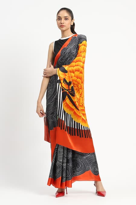 Shop Satya Paul Black Silk, Georgette, Radial Heat Printed Saree With Unstitched Blouse Piece Online at Aza Fashions Shop_Satya Paul_Black Silk, Georgette, Radial Heat Printed Saree With Unstitched Blouse Piece _Online_at_Aza_Fashions