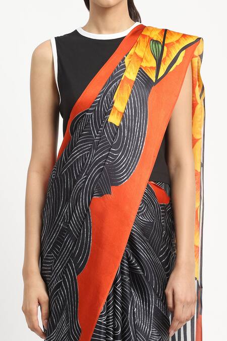 Satya Paul Black Silk, Georgette, Radial Heat Printed Saree With Unstitched Blouse Piece at Aza Fashions Satya Paul_Black Silk, Georgette, Radial Heat Printed Saree With Unstitched Blouse Piece _at_Aza_Fashions