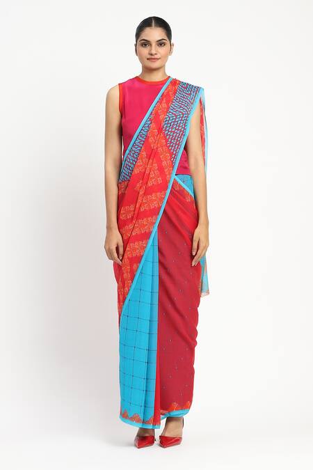 Satya Paul_Blue Silk, Chiffon Lie Cheat Steal Printed Saree With Unstitched Blouse Piece _Online_at_Aza_Fashions