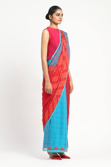 Buy_Satya Paul_Blue Silk, Chiffon Lie Cheat Steal Printed Saree With Unstitched Blouse Piece _Online_at_Aza_Fashions