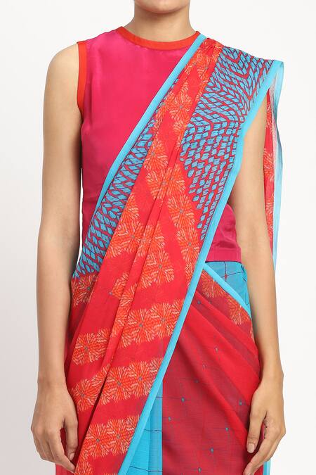 Shop_Satya Paul_Blue Silk, Chiffon Lie Cheat Steal Printed Saree With Unstitched Blouse Piece _Online_at_Aza_Fashions