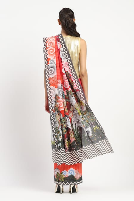 Satya Paul City Graffiti Printed Saree With Unstitched Blouse Piece 