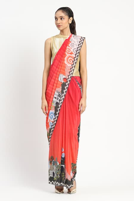 Satya Paul_Coral Silk, Crepe City Graffiti Printed Saree With Unstitched Blouse Piece _Online_at_Aza_Fashions