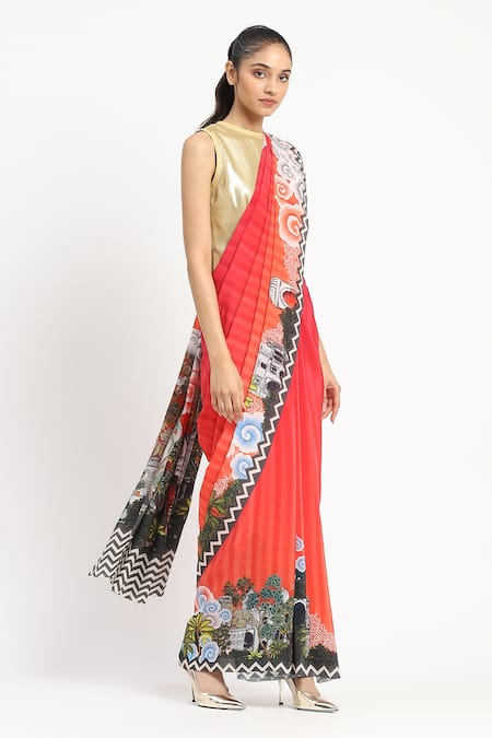 Buy_Satya Paul_Coral Silk, Crepe City Graffiti Printed Saree With Unstitched Blouse Piece _Online_at_Aza_Fashions