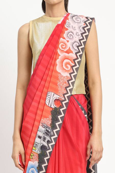 Shop_Satya Paul_Coral Silk, Crepe City Graffiti Printed Saree With Unstitched Blouse Piece _Online_at_Aza_Fashions