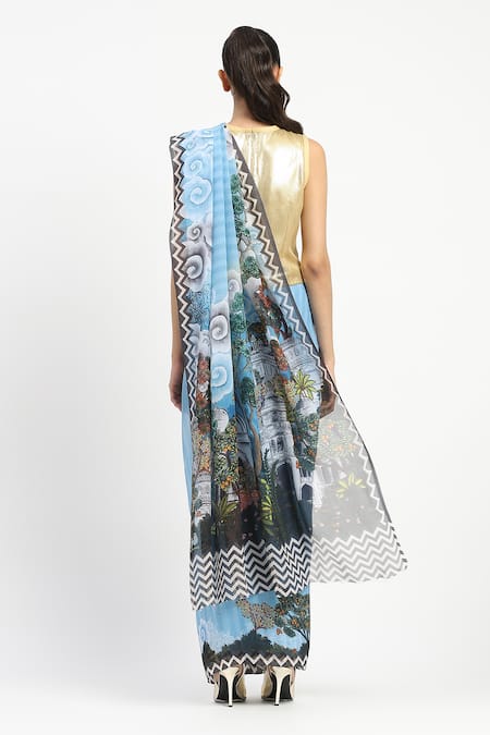 Satya Paul City Graffiti Print Saree With Unstitched Blouse Piece 