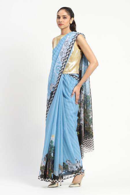 Satya Paul_Blue Silk, Chiffon City Graffiti Print Saree With Unstitched Blouse Piece _Online_at_Aza_Fashions