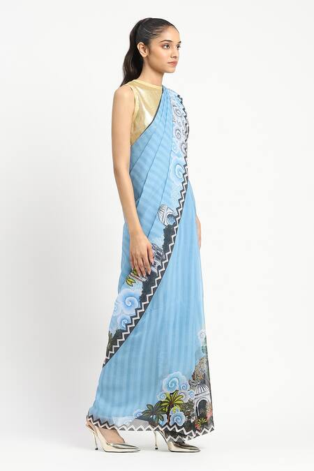 Buy_Satya Paul_Blue Silk, Chiffon City Graffiti Print Saree With Unstitched Blouse Piece _Online_at_Aza_Fashions