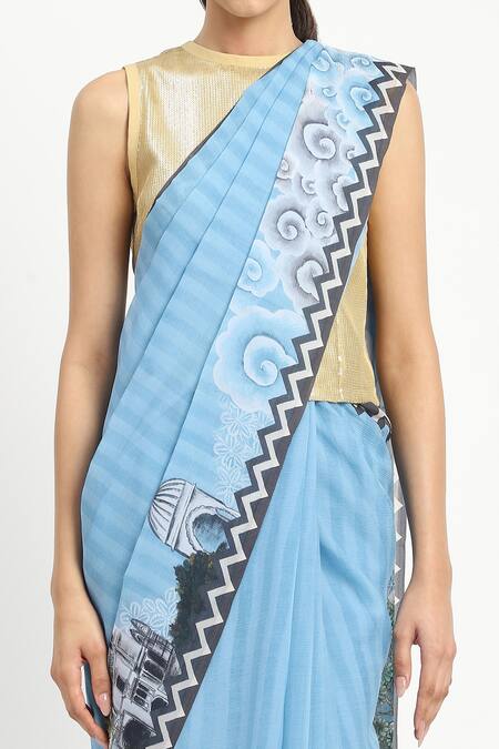 Shop_Satya Paul_Blue Silk, Chiffon City Graffiti Print Saree With Unstitched Blouse Piece _Online_at_Aza_Fashions
