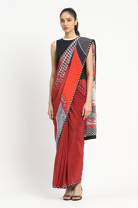 Satya Paul Red Silk Crepe Embroidered Whirl Interrupted Saree With Unstitched Blouse Piece 