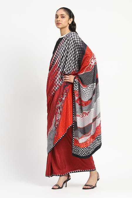 Buy_Satya Paul_Red Silk, Crepe Embroidery Whirl Interrupted Saree With Unstitched Blouse Piece _Online_at_Aza_Fashions