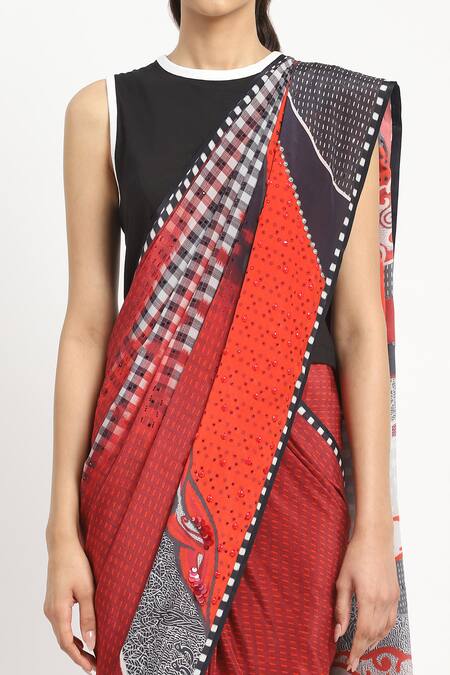 Shop_Satya Paul_Red Silk, Crepe Embroidery Whirl Interrupted Saree With Unstitched Blouse Piece _Online_at_Aza_Fashions