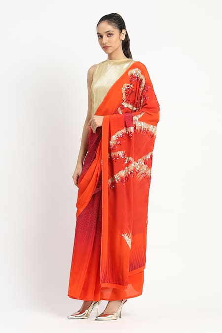 Satya Paul_Pink Silk, Crepe Embroidery Octarine Saree With Unstitched Blouse Piece _Online_at_Aza_Fashions