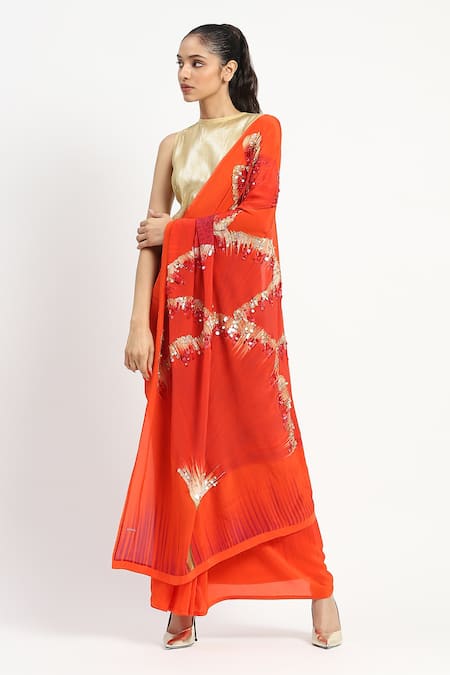 Shop_Satya Paul_Pink Silk, Crepe Embroidery Octarine Saree With Unstitched Blouse Piece _Online_at_Aza_Fashions