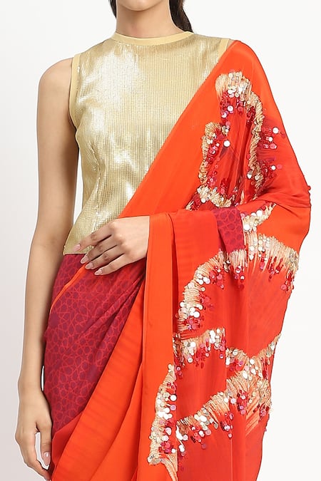 Satya Paul_Pink Silk, Crepe Embroidery Octarine Saree With Unstitched Blouse Piece _at_Aza_Fashions