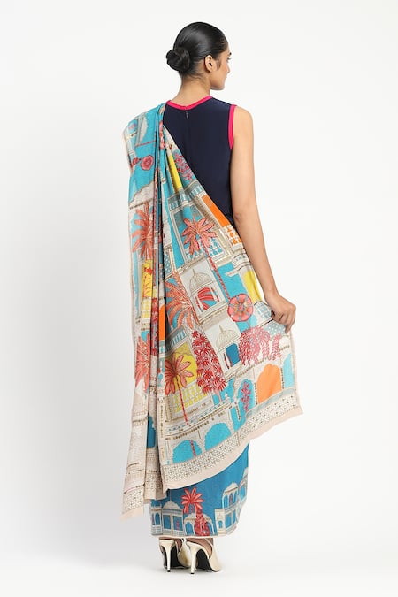 Satya Paul City Graffiti Pattern Saree With Unstitched Blouse Piece 