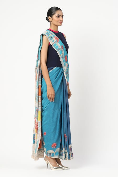 Buy_Satya Paul_Blue Silk, Crepe City Graffiti Pattern Saree With Unstitched Blouse Piece _Online_at_Aza_Fashions