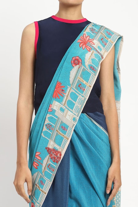 Shop_Satya Paul_Blue Silk, Crepe City Graffiti Pattern Saree With Unstitched Blouse Piece _Online_at_Aza_Fashions