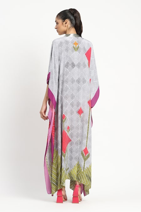 Shop_Satya Paul_Grey Crepe Printed Phulkari V-neck More Amour Kaftan _at_Aza_Fashions