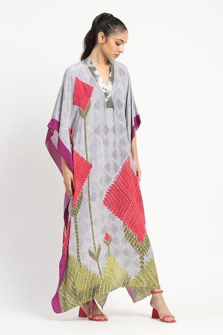 Shop_Satya Paul_Grey Crepe Printed Phulkari V-neck More Amour Kaftan _Online_at_Aza_Fashions