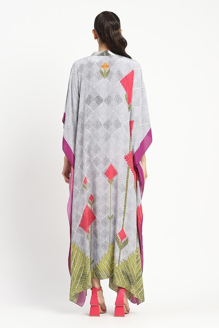 Satya Paul_Grey Crepe Printed Phulkari V-neck More Amour Kaftan _at_Aza_Fashions