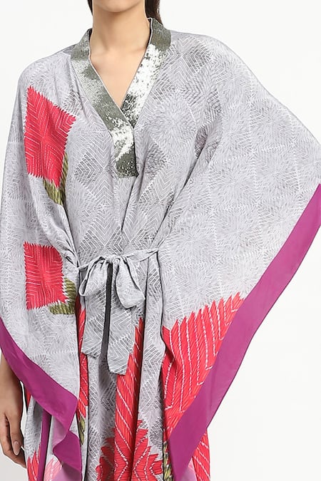Shop_Satya Paul_Grey Crepe Printed Phulkari V-neck More Amour Kaftan 