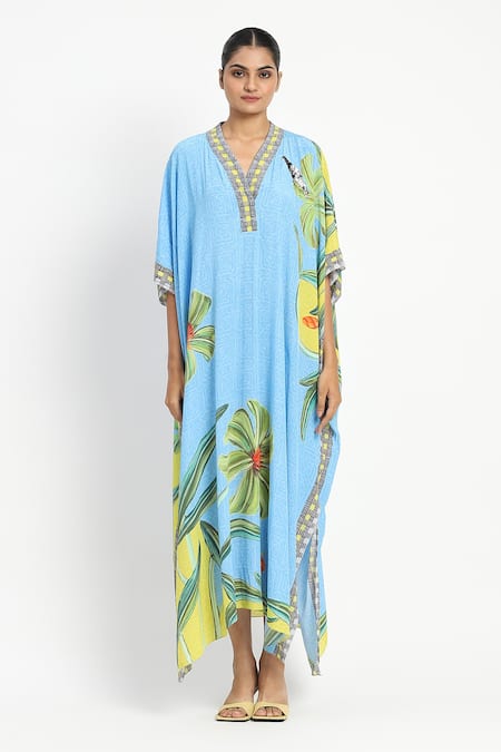 Satya Paul_Blue Viscose Embroidery V-neck Sunseeker Printed Kaftan _Online_at_Aza_Fashions