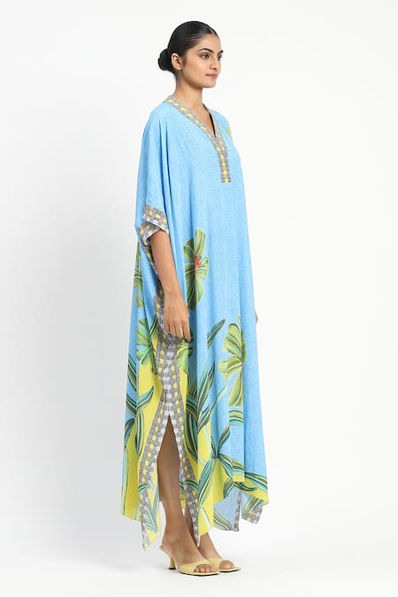 Buy_Satya Paul_Blue Viscose Embroidery V-neck Sunseeker Printed Kaftan _Online_at_Aza_Fashions