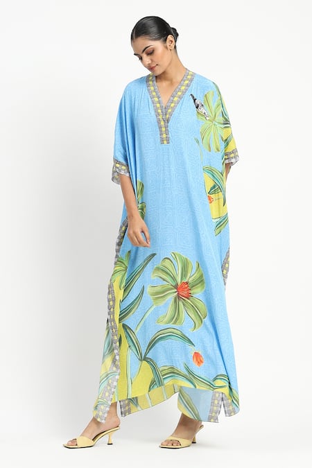 Shop_Satya Paul_Blue Viscose Embroidery V-neck Sunseeker Printed Kaftan _Online_at_Aza_Fashions